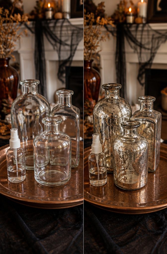 Bottles with a mercury glass effect created using specific spray paints.