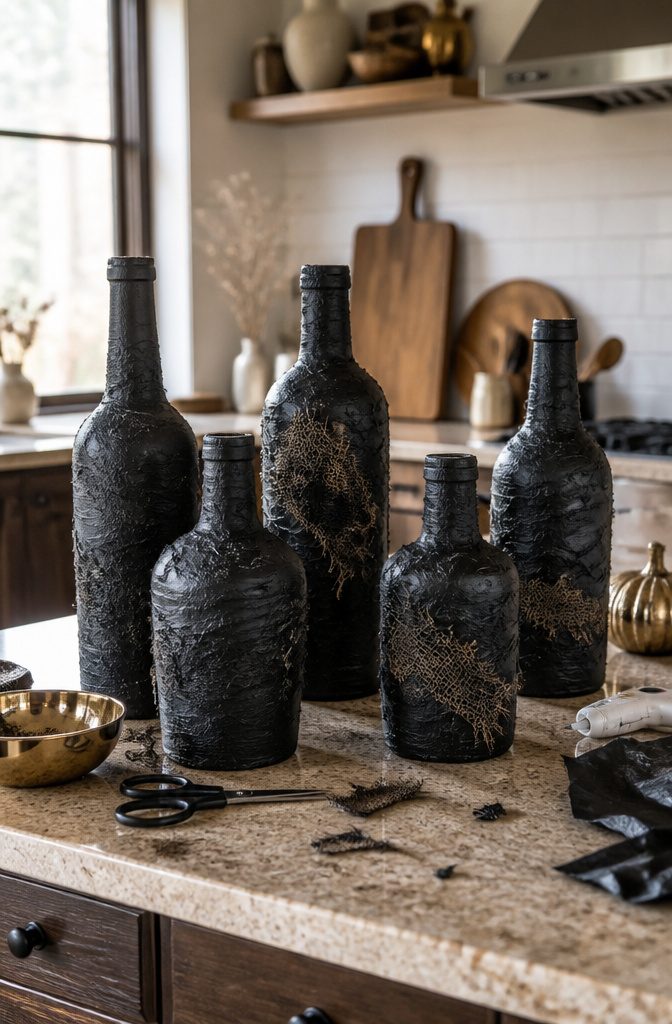 Textured bottles featuring tissue paper and burlap on a kitchen countertop.