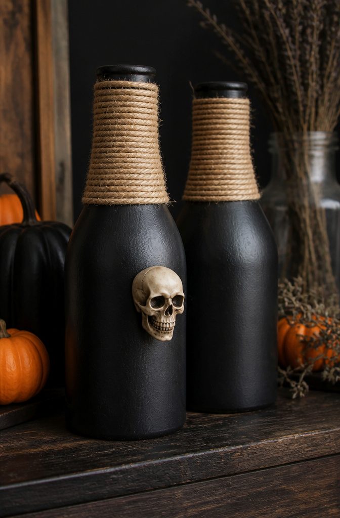 Bottles wrapped in twine with small plastic skulls attached.