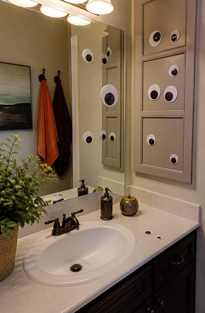 Peel-and-stick googly eyes on mirrors and cabinet doors in a bathroom.