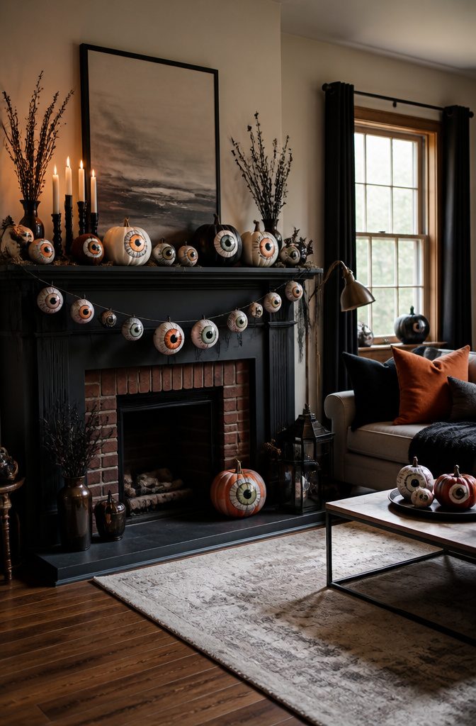 Eyeball garlands and decorations are strategically placed around a home.