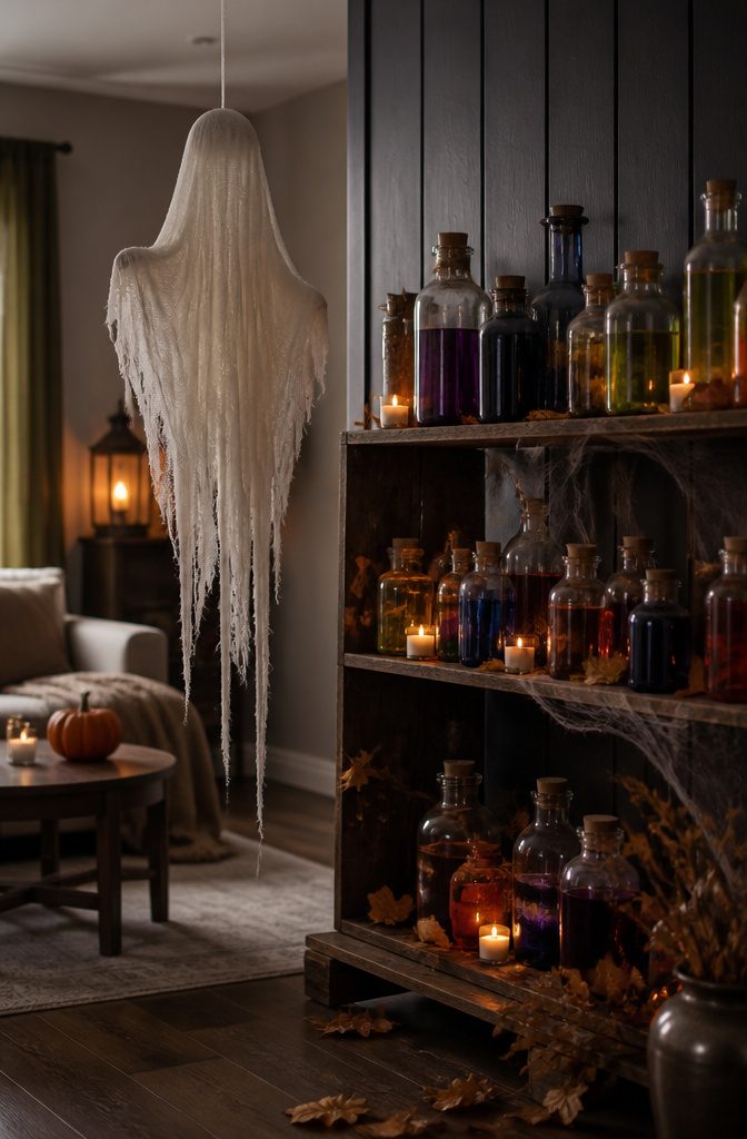 Homemade potion bottles and a ghost made from cheesecloth.