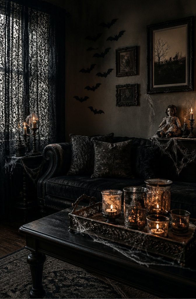 A gothic-themed room with black lace curtains and flickering candles.