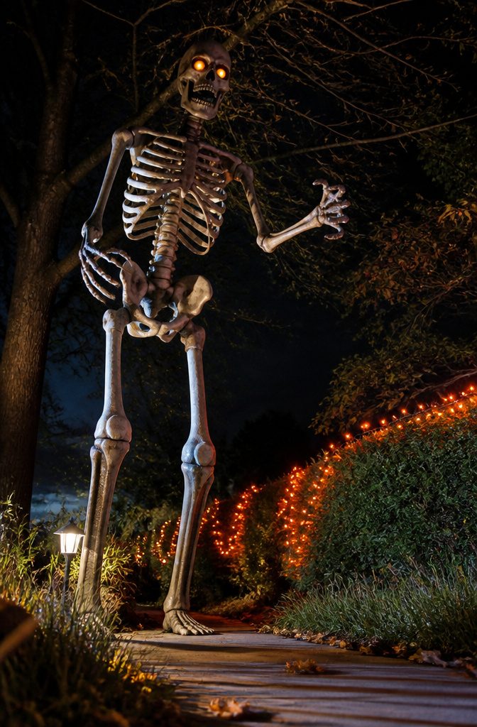 A life-size animated skeleton with a rusted ribcage and moving jaw.