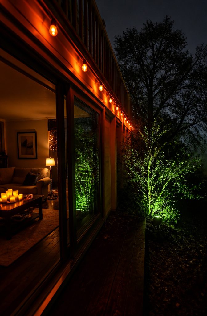 Halloween lighting with orange string lights and a green spotlight.