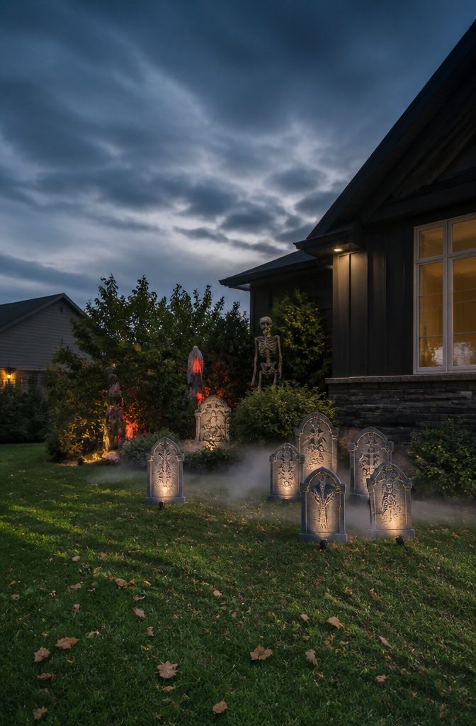 Halloween decorations anchored securely to withstand outdoor conditions.
