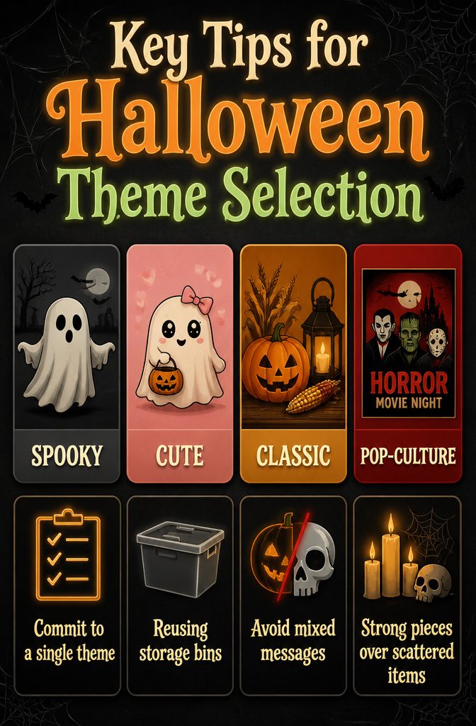 An infographic with tips for choosing a Halloween theme for home decor.
