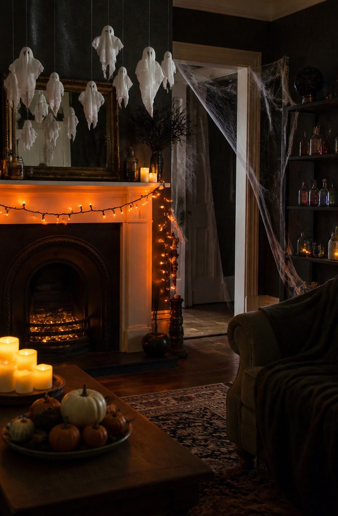A dimly lit living room with Halloween decorations and ambient lighting.