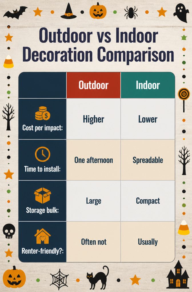 A comparison chart outlining indoor versus outdoor Halloween decoration.