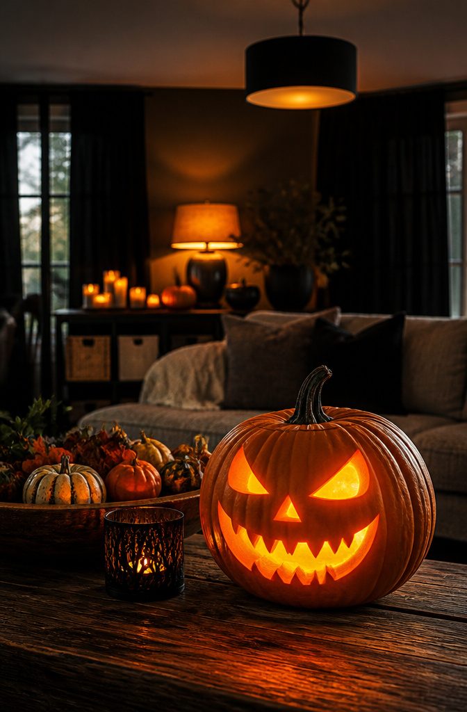 A living room with various lighting sources for Halloween decoration.