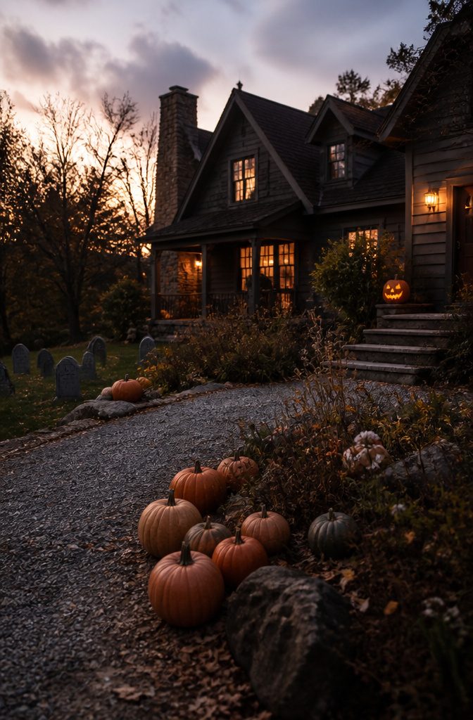Carved and uncarved pumpkins arranged on a porch for Halloween decoration.