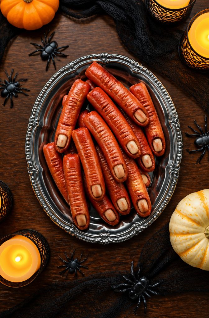 A plate of sausages labeled as 'roasted fingers' for Halloween.