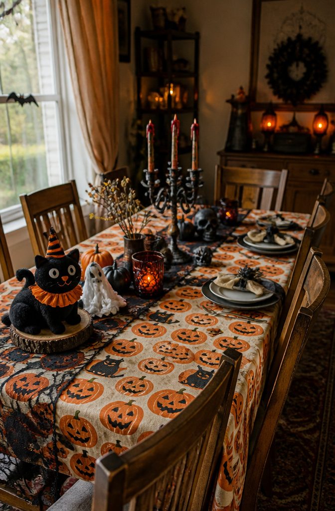 A Halloween themed dining table with contrasting decorations.