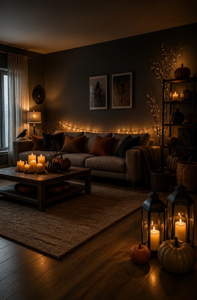 Warm LED lights placed behind a sofa for Halloween ambiance.