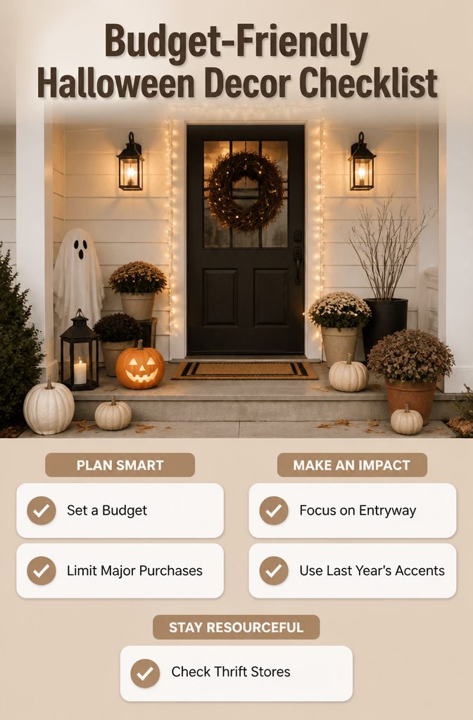 An organized checklist for budget-friendly Halloween decorations.