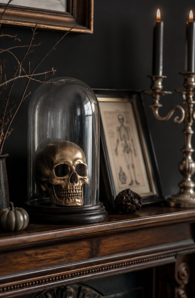 A cabinet showcasing a collection of unique Halloween decorations.