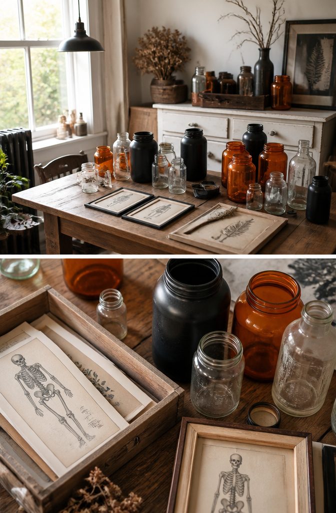 Thrift store glass jars spray-painted black for Halloween decoration.