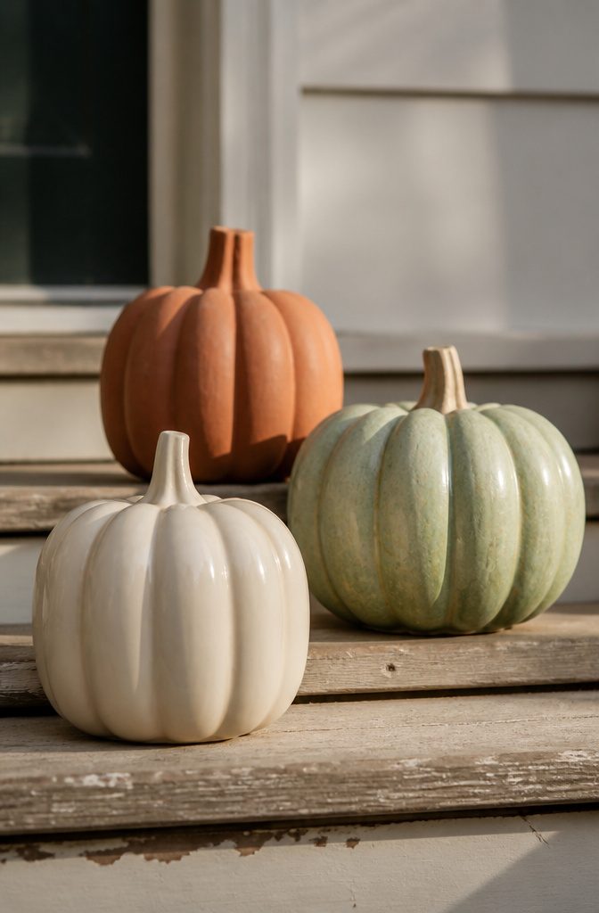 Three pumpkins of different sizes and textures on a porch step.