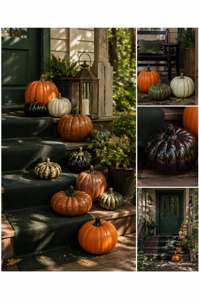 A porch display featuring real pumpkins and wicker decor.