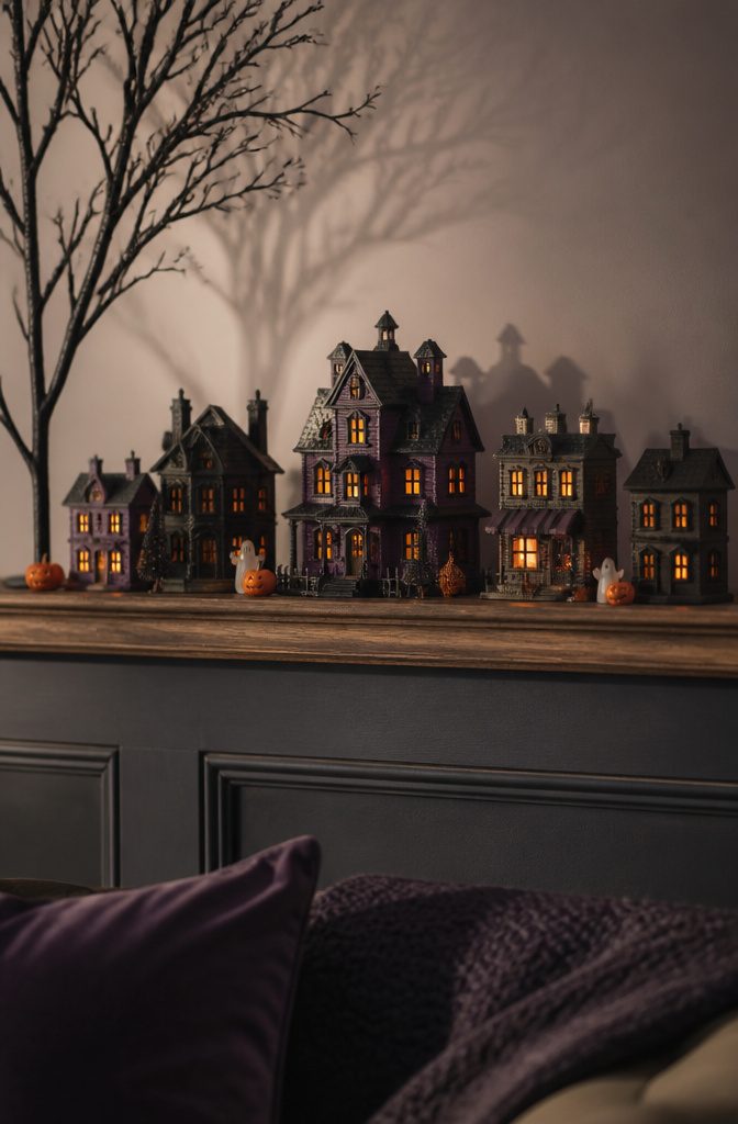 A shelf with half-inch houses, including a haunted house and bakery.