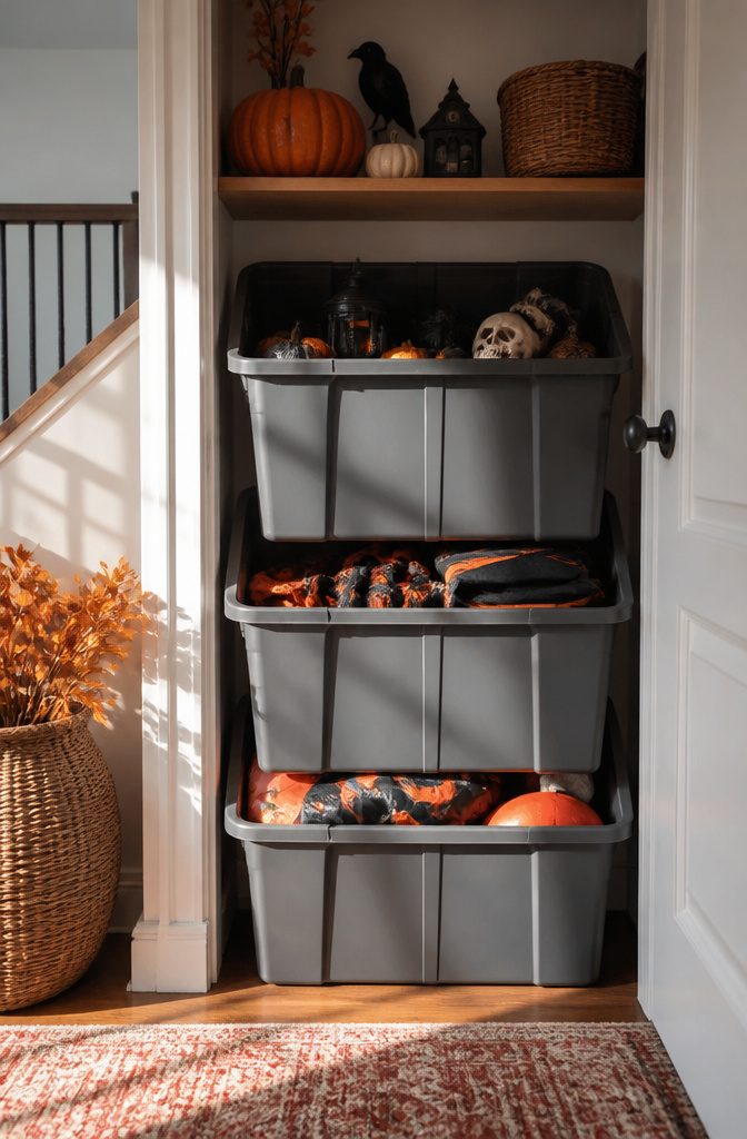 Neatly stacked bins labeled for Halloween decoration storage.