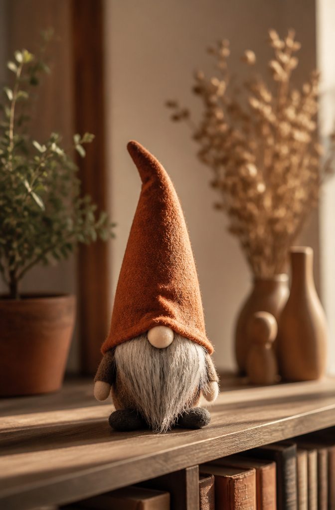 A single autumn gnome placed on a bookshelf.