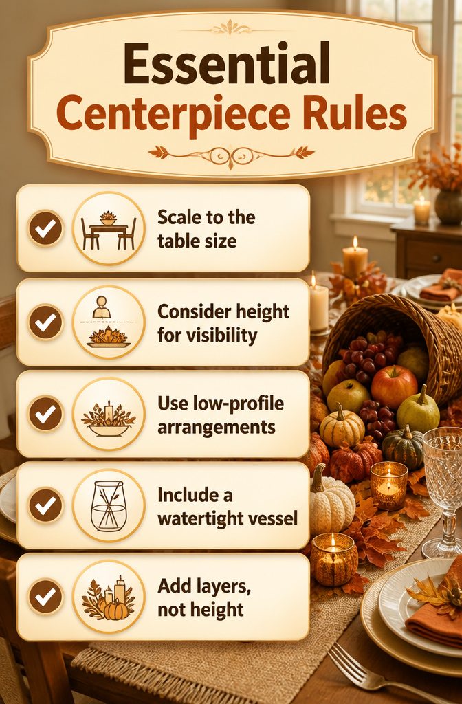 A chart outlining essential rules for creating table centerpieces.