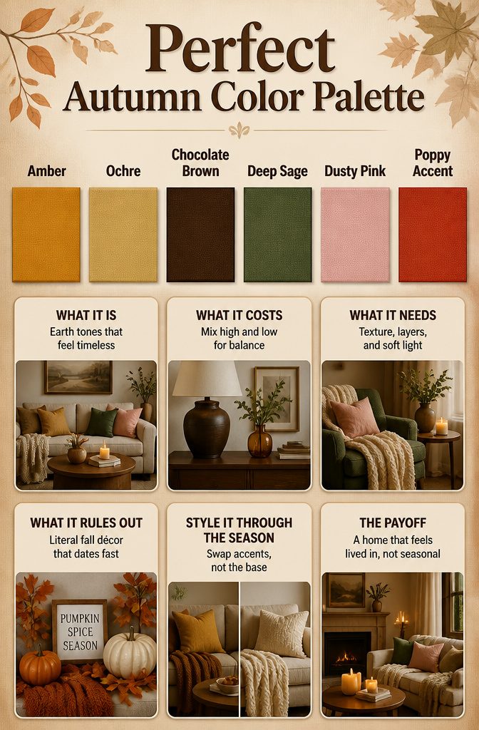A color palette featuring amber, ochre, and sage hues.