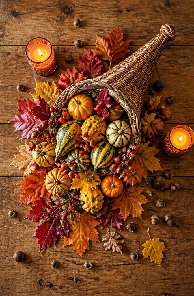 A cornucopia filled with foliage and seasonal produce on a table.