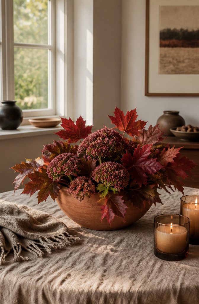 A wide terracotta bowl with dusky sedum and maple leaves.