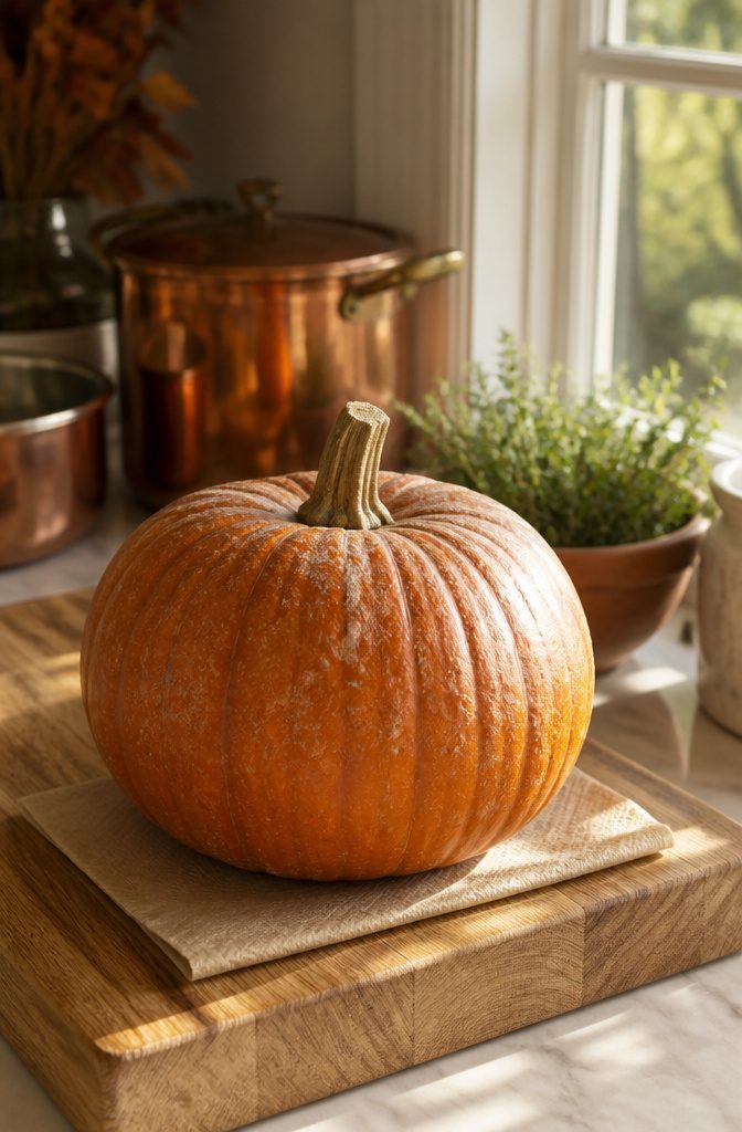 A sugar pie pumpkin on a kitchen counter, dusty from the farm stand.