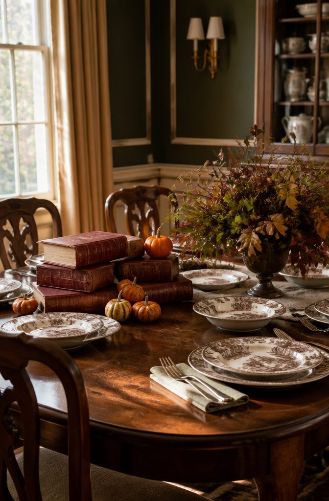 Leather-bound vintage books and brown toile dinnerware on a table.
