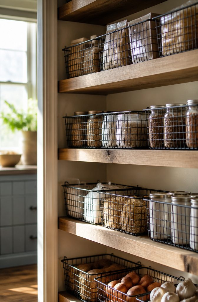 Baskets in a cabinet with labels for easy categorization.