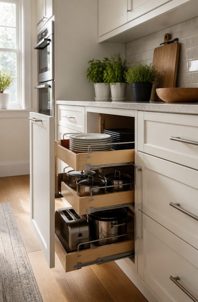 A cabinet with pull-out drawers holding pots and small appliances.