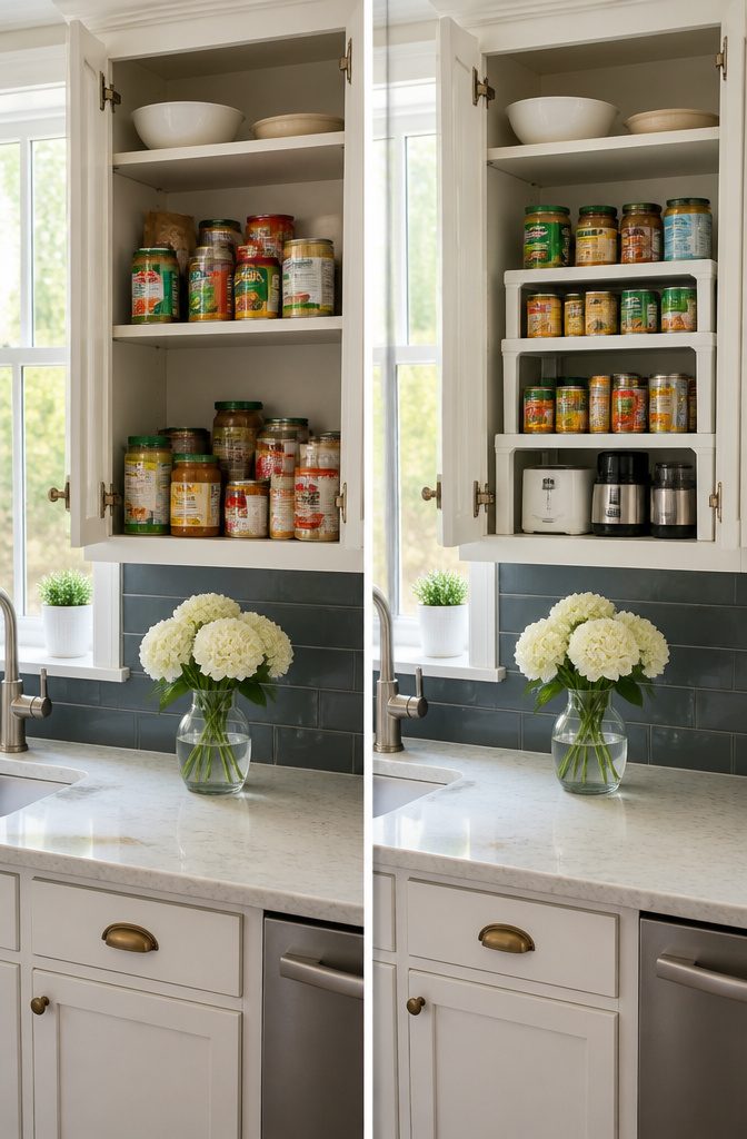 A cabinet with riser shelves holding plates and spice jars.