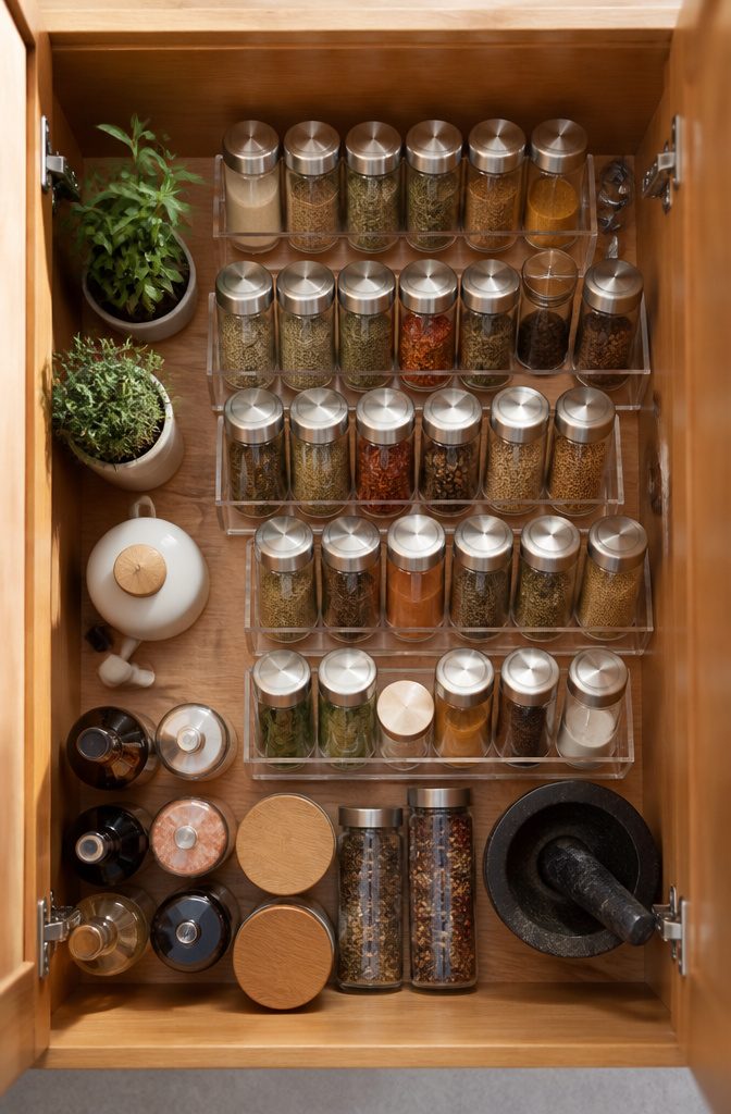 A cabinet with spice risers displaying jars in organized tiers.
