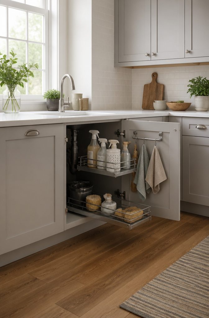 An under-sink cabinet with pull-out shelves around plumbing.