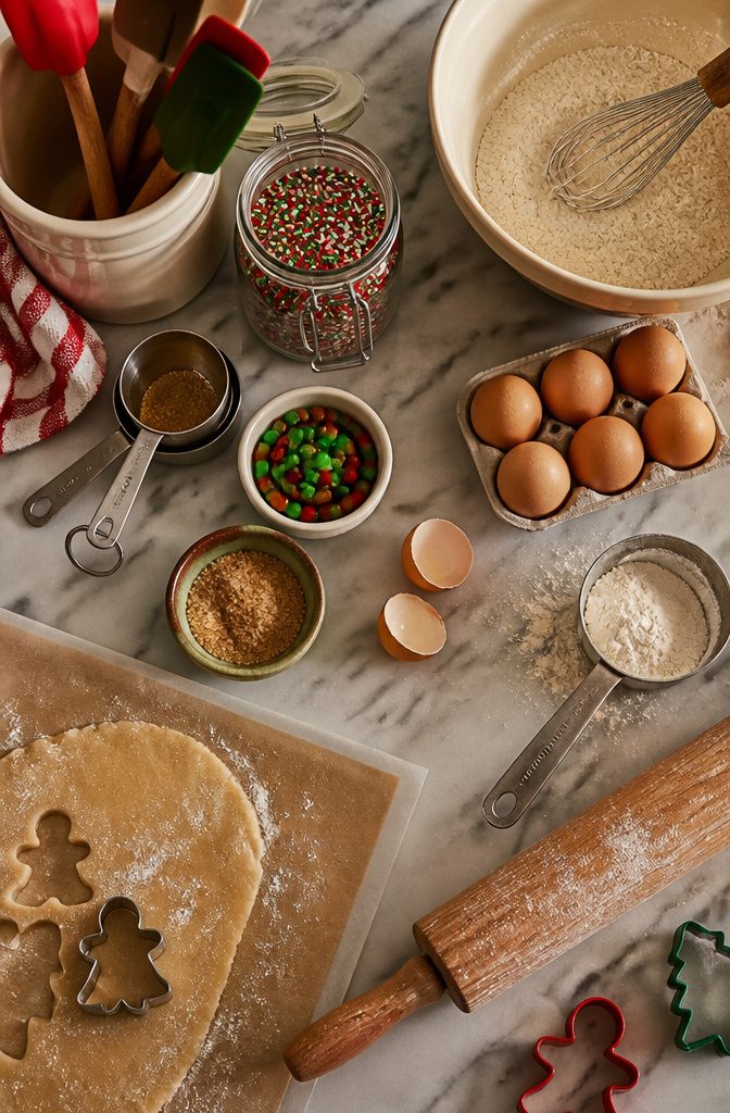 A baking corner with measuring tools and seasonal ingredients in jars.