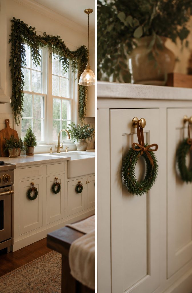 Cabinet knobs decorated with mini wreaths and greenery.