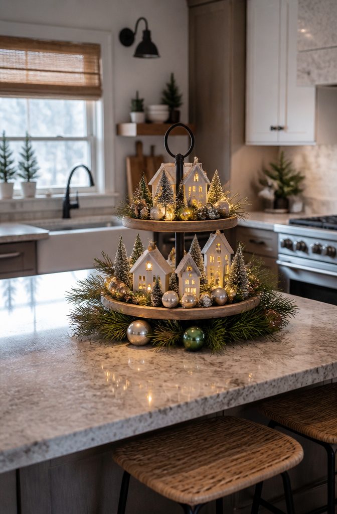 An elegant two-tiered tray with festive decorations on a kitchen island.