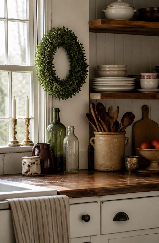 Brass candlesticks and vintage items displayed on a kitchen windowsill.
