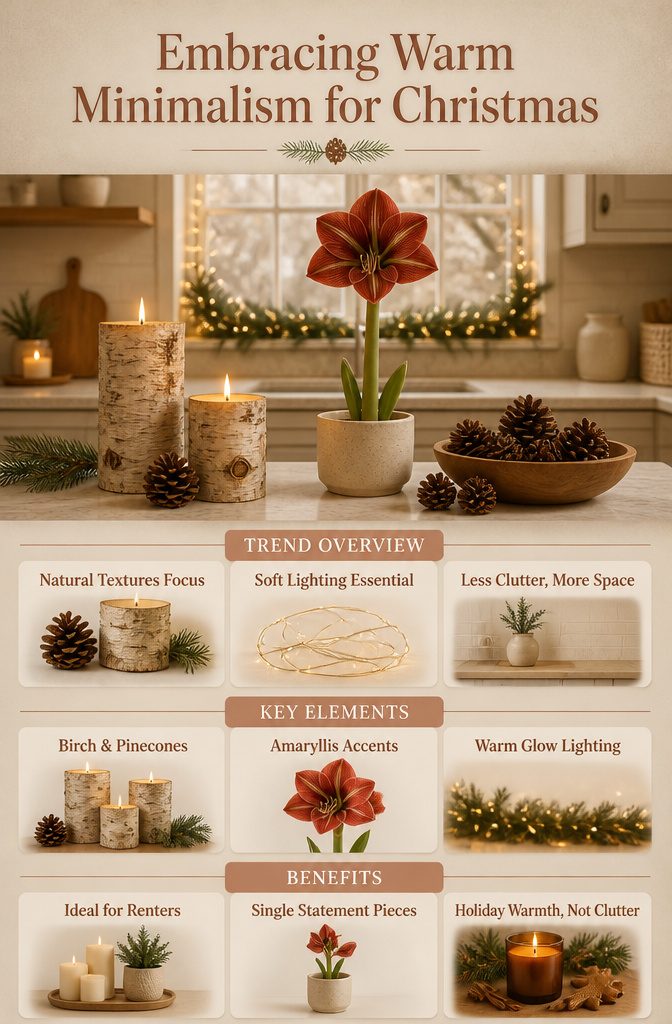 Decorative items embodying warm minimalism for Christmas in a kitchen.