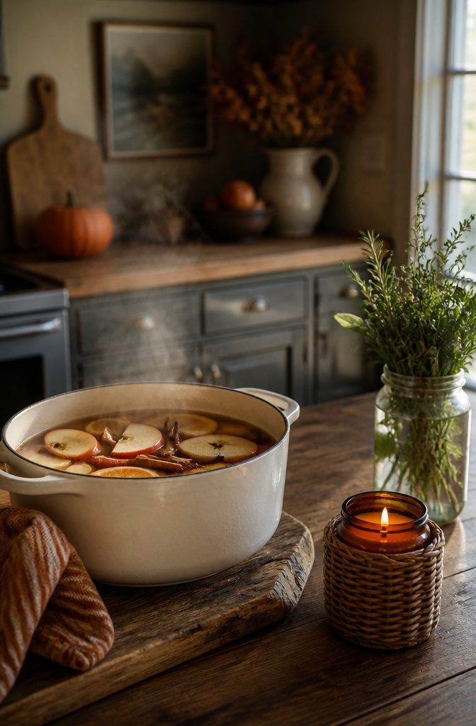 A simmer pot with apples and spices on a textured kitchen table.