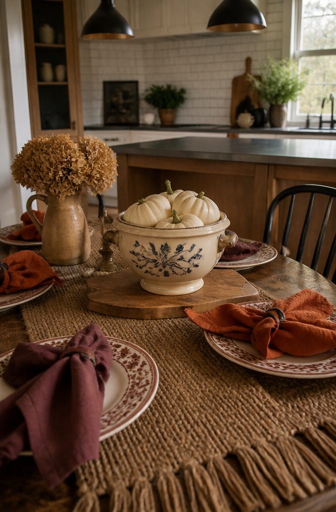 A fall table setting with a runner, cloth napkins, and white pumpkins.
