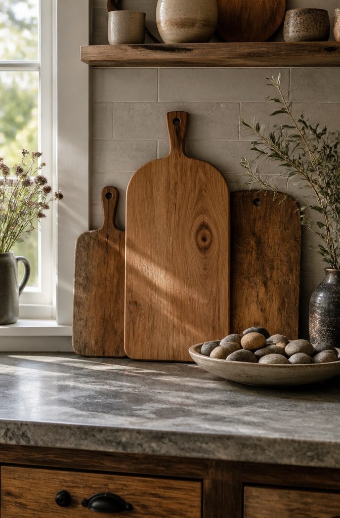 A wooden cutting board and river stones on a kitchen counter.