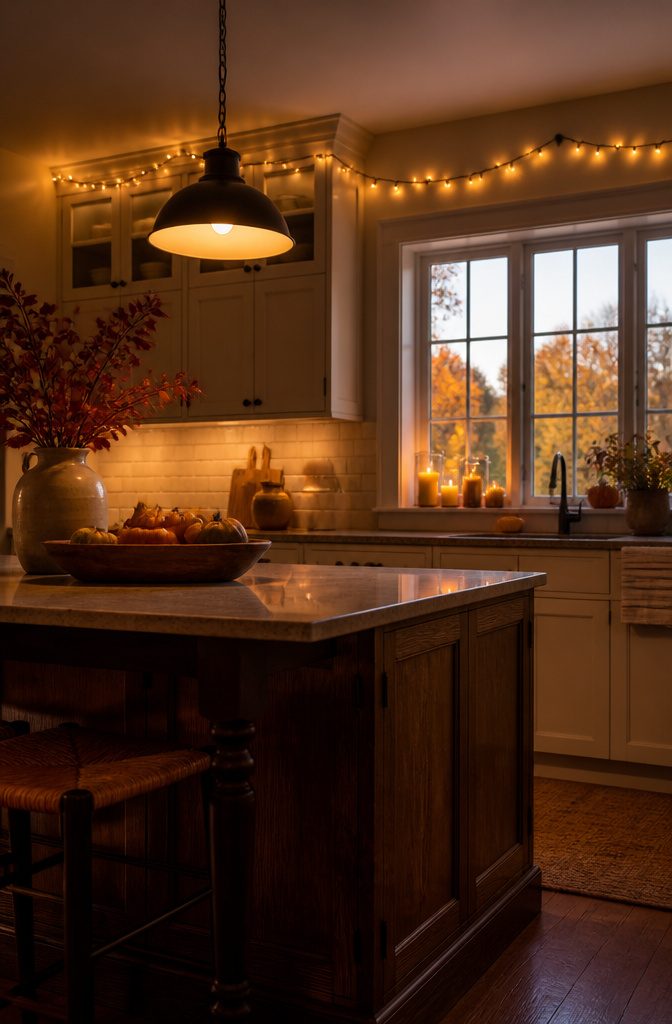 Soft lighting with battery-operated candles and string lights in a kitchen.