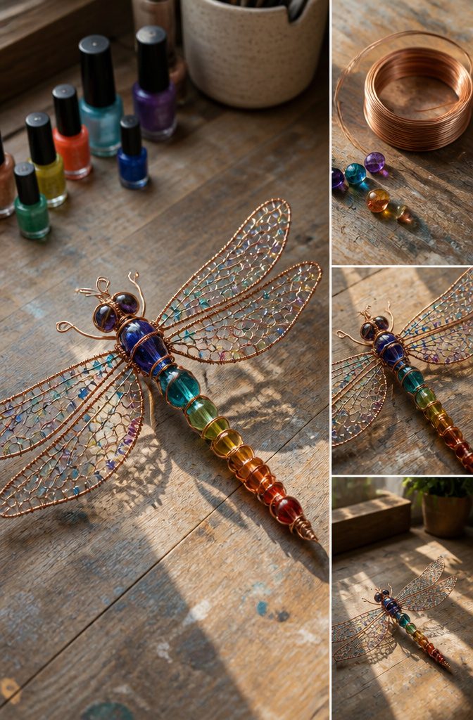 Copper wire dragonfly with glass beads for eyes.