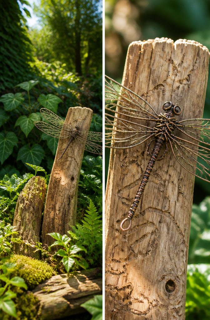 A piece of gnawed timber used as a base for a dragonfly sculpture.