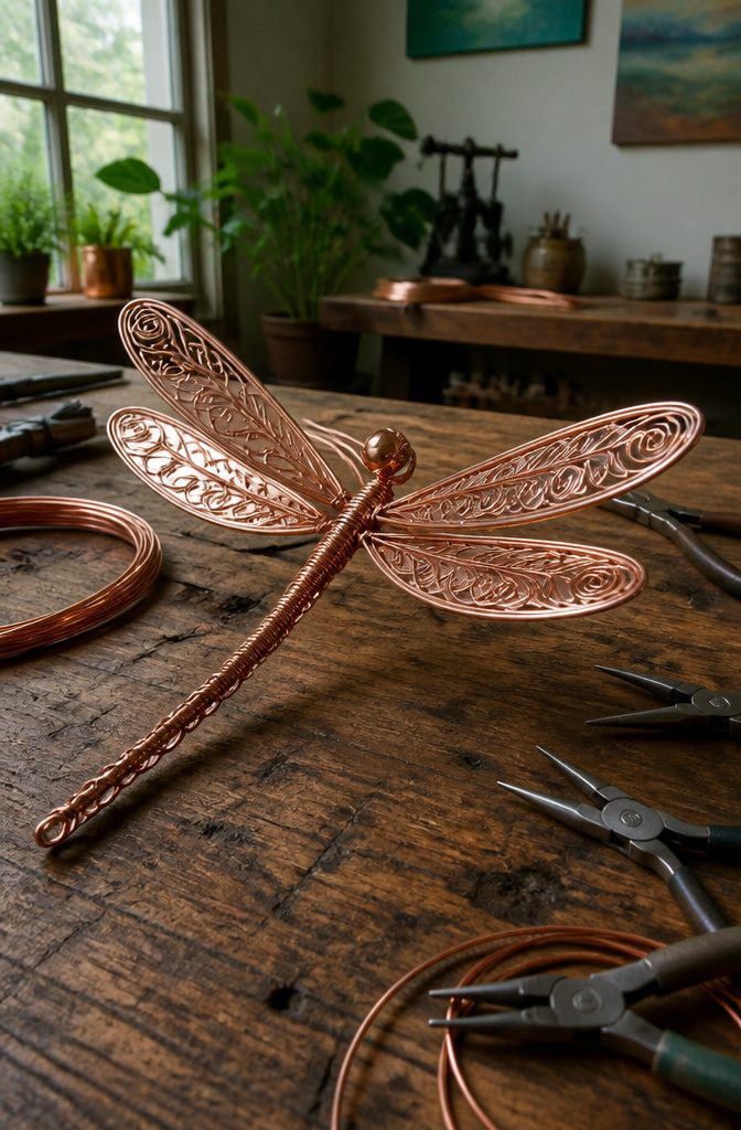 A dragonfly sculpture created from copper wire on a wooden surface.