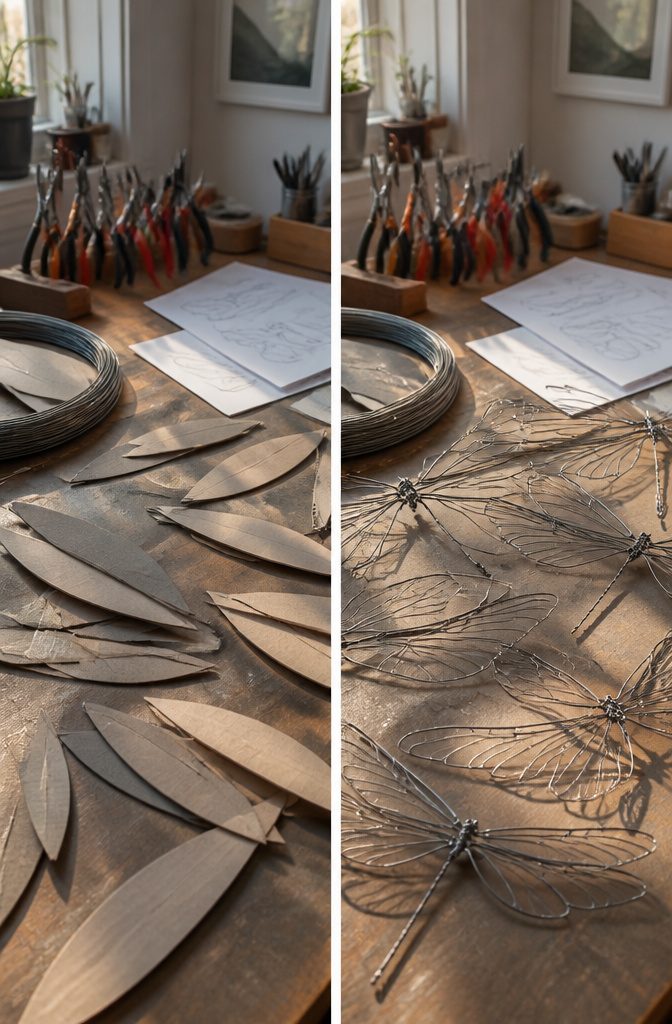 Cardboard templates for dragonfly wings on a work surface.